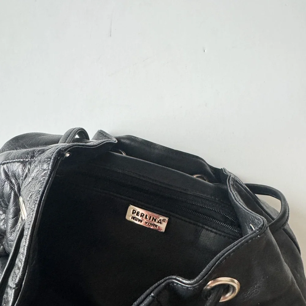 Perlina New York Black Leather Backpack Drawstring Flap Bag Vintage Style